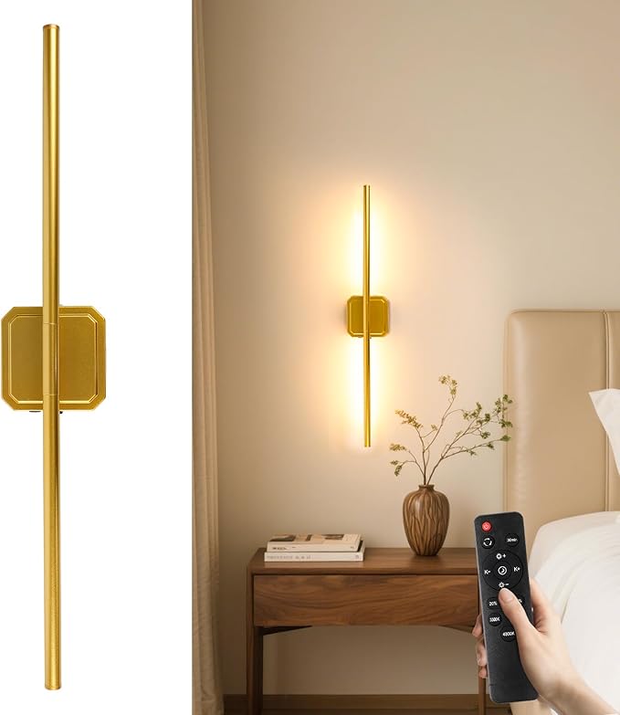 10000mAh Battery Operated Wall Sconce Detachable, Wireless Wall Lamp 3000-6500K Dimmable, Modern Rechargeable Wall Light for Bedroom, Living Room, 28.3" Gold (1 Pack)