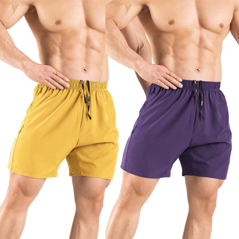 Gaglg Men's 5" Athletic Shorts 2 Pack Quick Dry Athletic Workout Gym Shorts with Zipper Pockets Yellow/Purple,Small