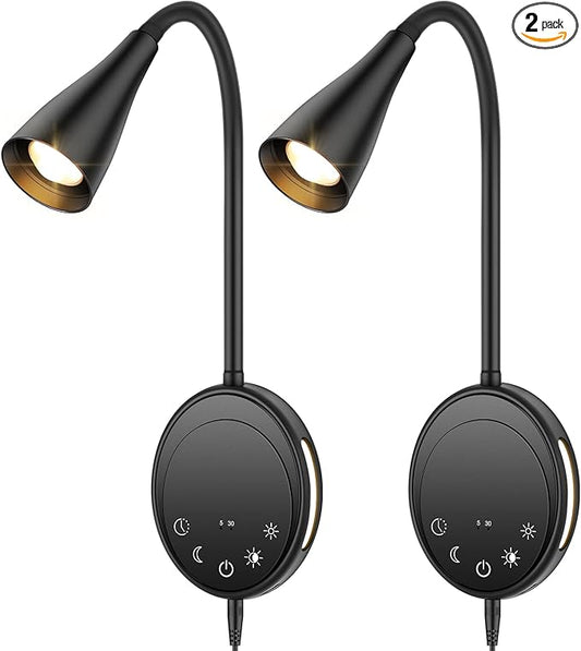LED Wall Mount Reading Light, Bedside Reading Lights with Touch Control, 5 Dimmable, USB Output, Night Light & Timers, Flexible Gooseneck Headboard Bed Lights Wall Sconce