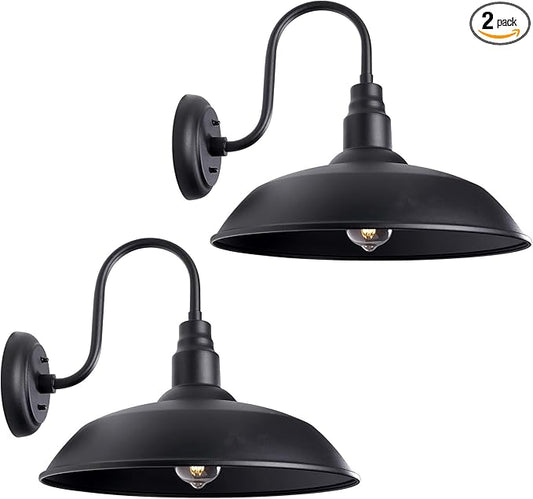 16 Inch Gooseneck Light Fixture for Barn Door, 2 Pack Large Barn Lights for Front Porch, Black Outdoor Farmhouse Light with Goose Neck Arm, Exterior Wall Dome Lighting for House Garage