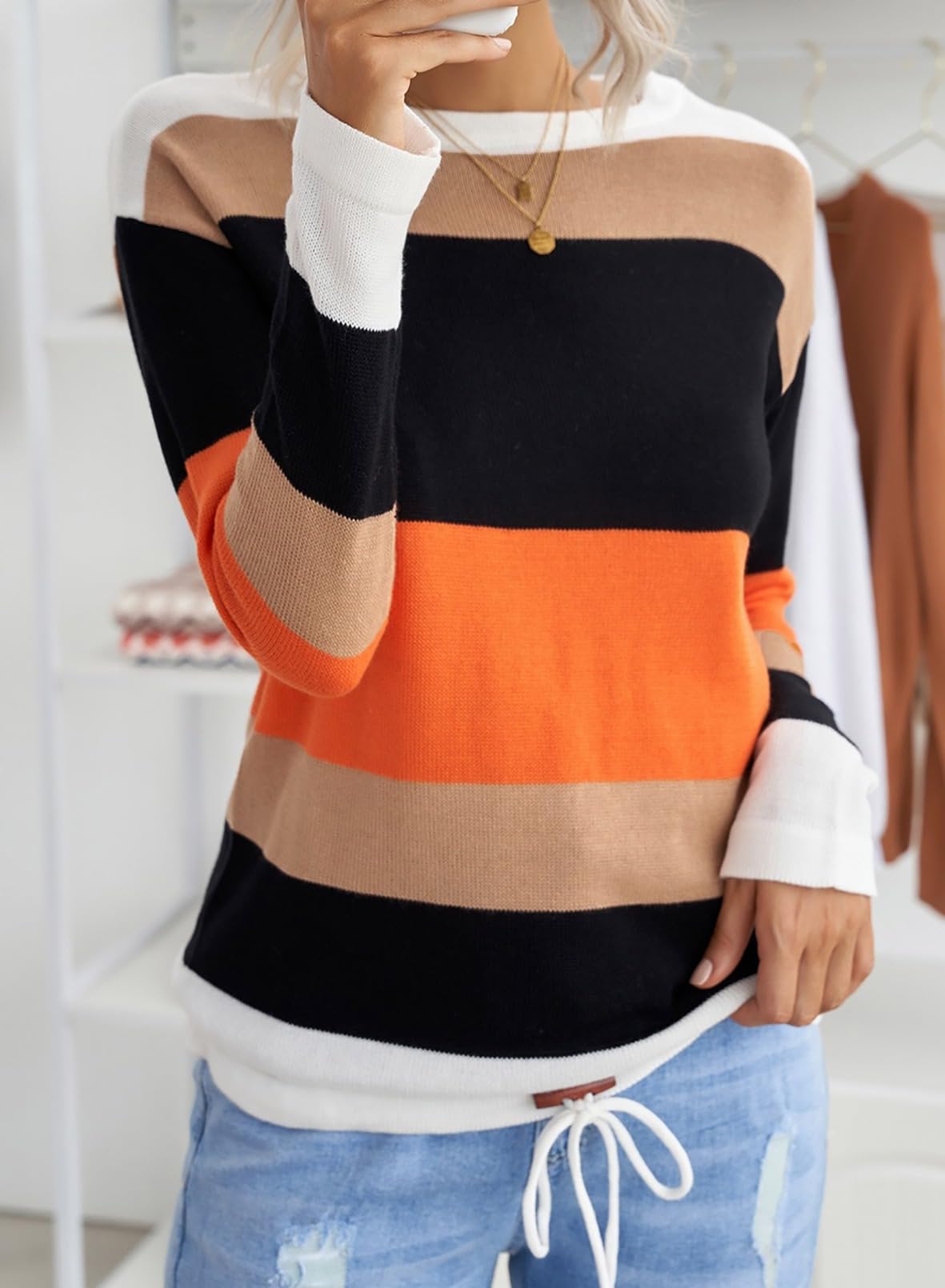 Dokotoo Halloween Womens Sweaters Striped Classic Casual Fall Sweaters 2025 Clothes Winter Long Sleeve Shirts Fashion Trendy Cute Tops Outfits Soft Comfy Loose Women's Orange