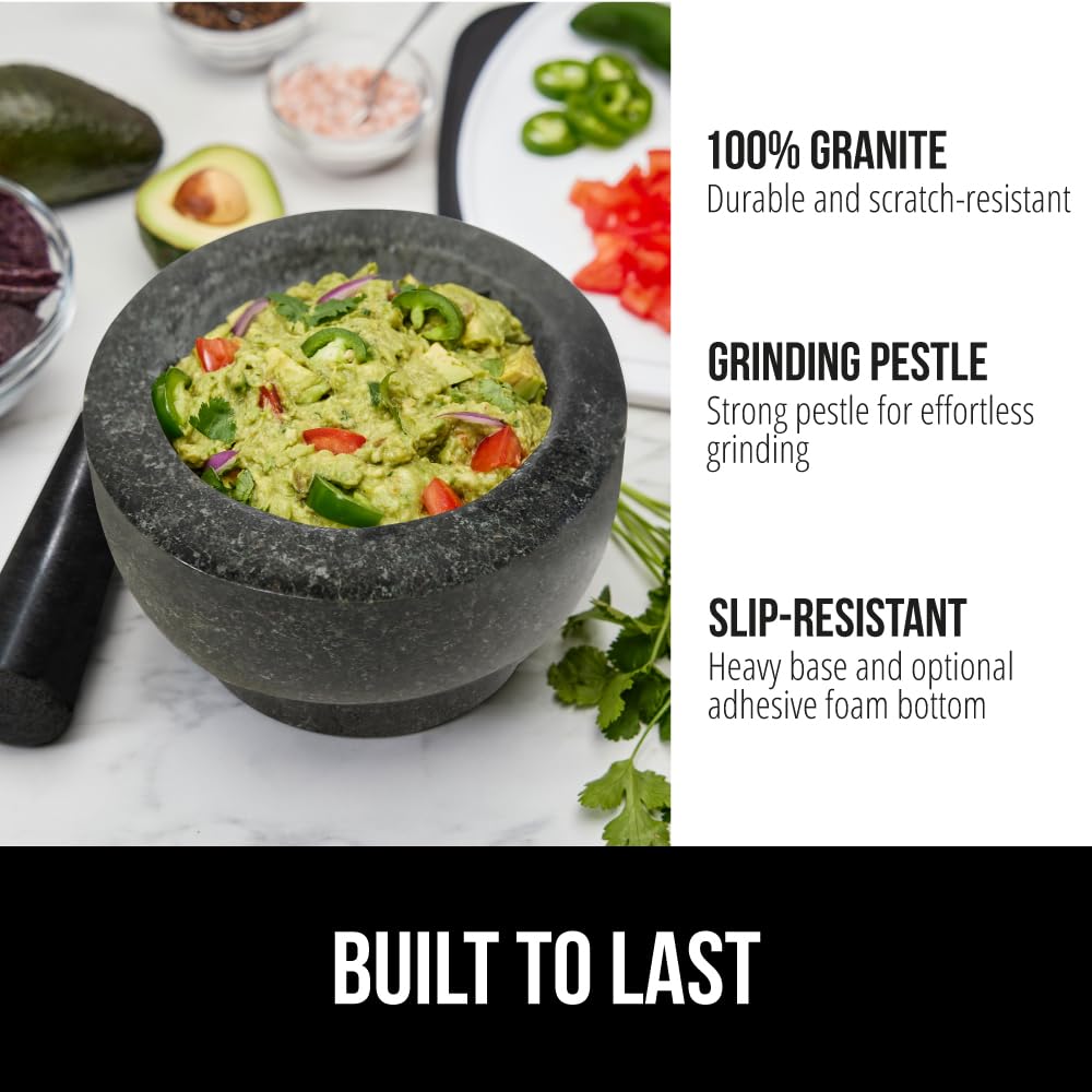 GORILLA GRIP Heavy Duty Mortar and Pestle Set with Slip Resistant Base, 100% Granite Stone Molcajete Guacamole Bowl, Grind Seeds Spices, Crush Garlic, Kitchen Muddler for Fresh Herbs, 1.5 Cup, Black