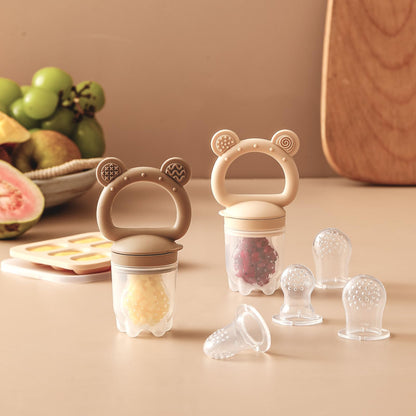 2 Pack Silicone Baby Fruit Feeder with Mini Freezer Tray, Breastmilk Popsicle Molds for Baby Teething Relief, Teethers, Fresh Food Feeder for Safe Infant Self Feeding, Extra Food Pouches - Chocolate