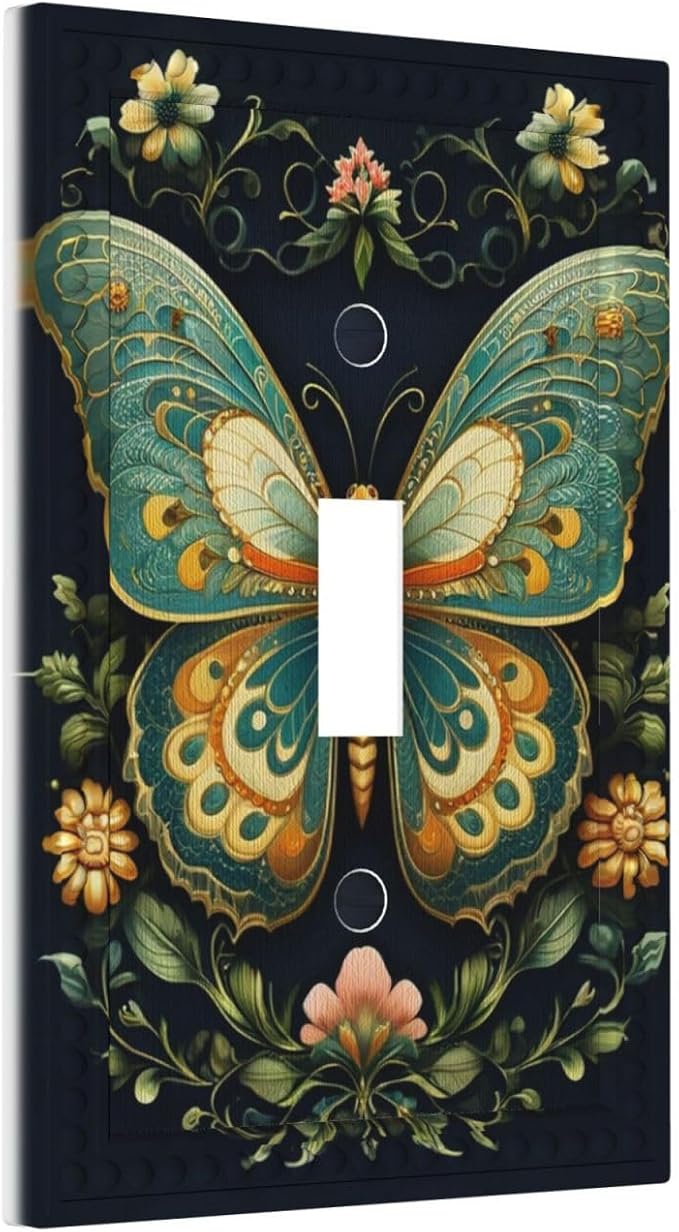 Butterfly Ornate with Flower Light Switch Covers 1 Gang Single Toggle Wall Plate Decorative Switchcover Electrical Switchplate for Country Living Decor