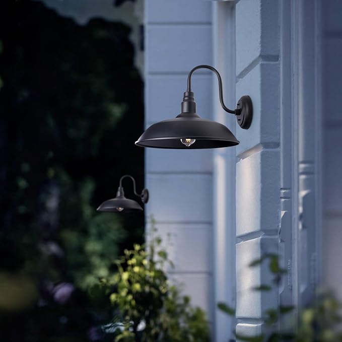 16 Inch Gooseneck Light Fixture for Barn Door, 2 Pack Large Barn Lights for Front Porch, Black Outdoor Farmhouse Light with Goose Neck Arm, Exterior Wall Dome Lighting for House Garage