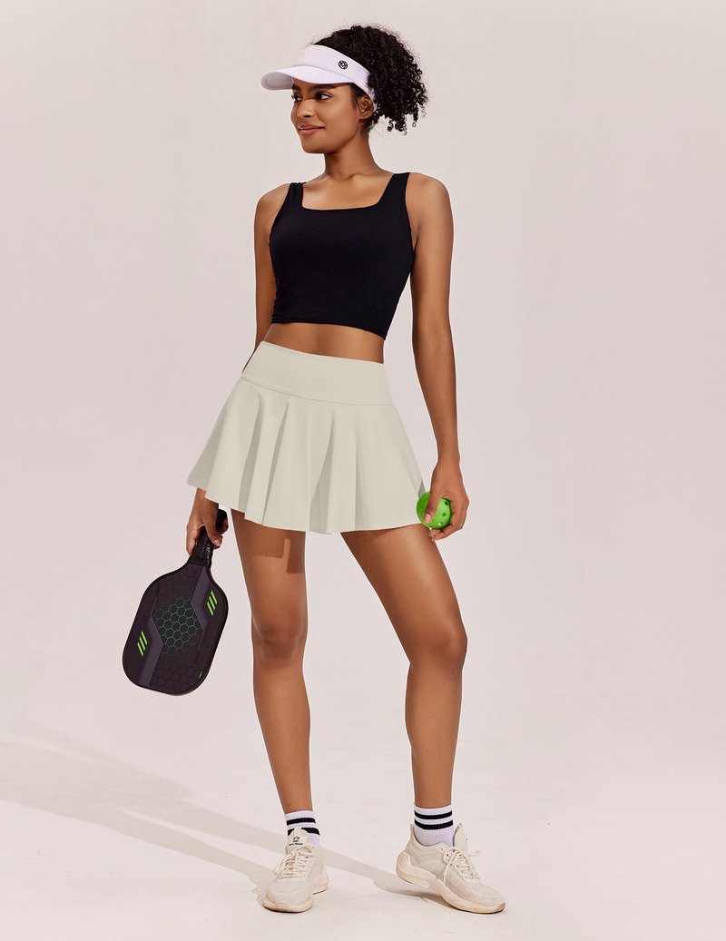 PINSPARK 14" Skorts for Woman Pleated Athletic Skirts with Pockets Mini Golf Skirt Lightweight Active Skirt, Bone White Medium