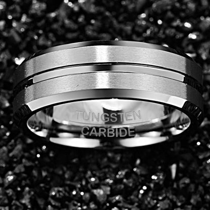 NUNCAD Men's Rings Silver 8mm Tungsten Wedding Ring for Men Simple Band Ring with Center Groove Beveled Edges Size U1/2