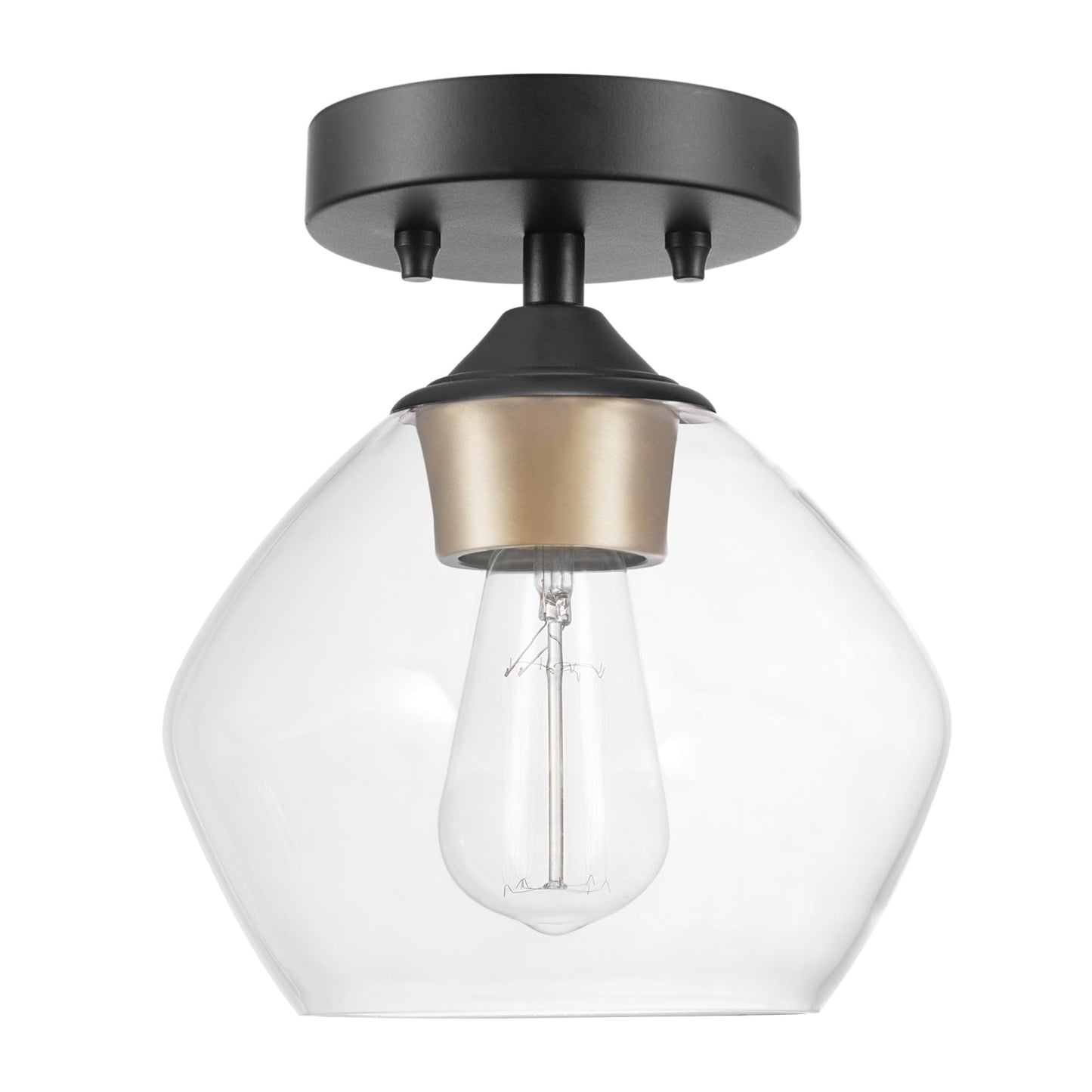 GLOBE Electric Harrow 1-Light Semi-Flush Mount Ceiling Light with a Matte Black Finish, Gold Accent Socket and Clear Glass Shade, Dimmable Option