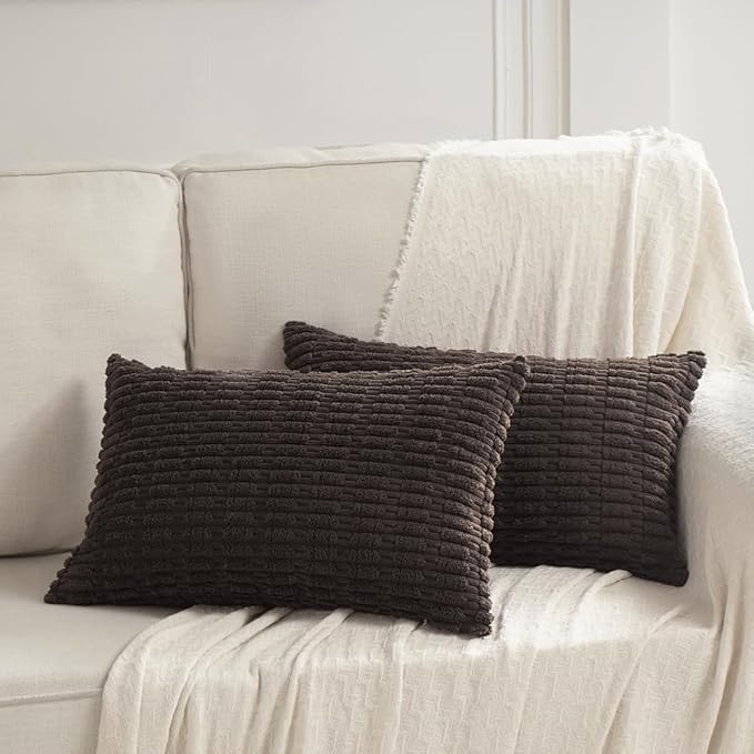 Fancy Homi Dark Brown Decorative Throw Pillow Covers 14x24 Inch for Living Room Couch Bed Sofa, Rustic Farmhouse Boho Home Decor, Soft Striped Corduroy Square Cushion Case 35x60 cm