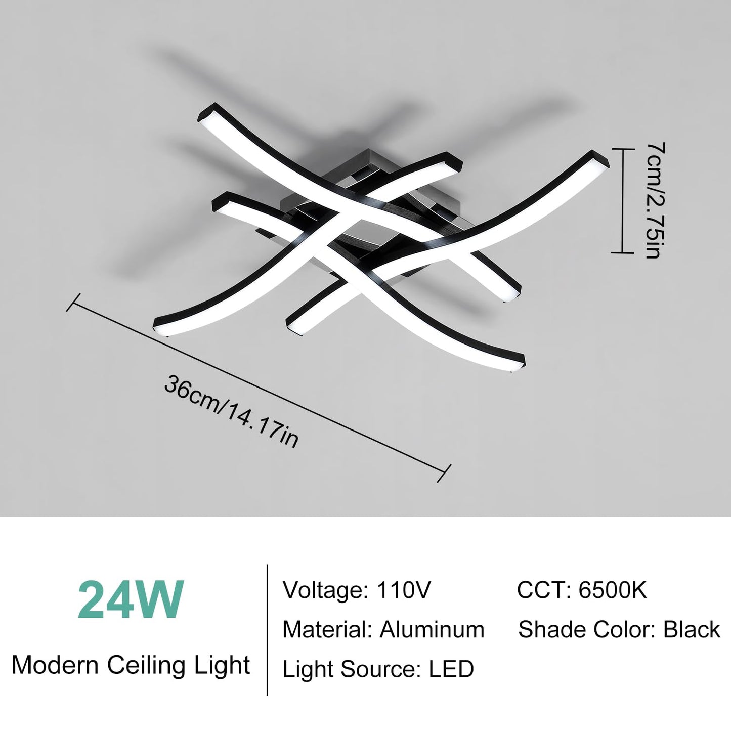 Goeco Modern LED Ceiling Light, 14 Inch 6500K Cool White Curved Design Black Aluminum Flush Mount Ceiling Light for Bedroom, Kitchen, Hallway, Dining Room, Laundry Room