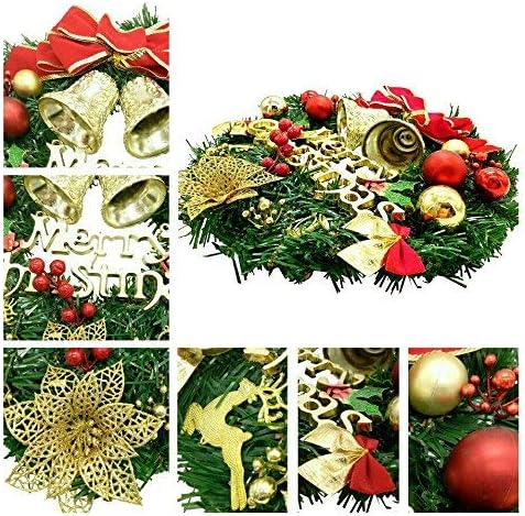 H&W Small Christmas Wreath (11.8 Inch / 30 cm) for Front Door Wall Windows Artificial Poinsettia Xmas Decoration with Tinkle Bell Bowknot and Small Ornaments (MC7-D1)