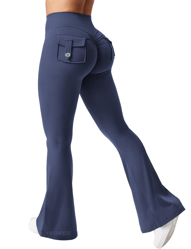 YEOREO CoreFlex Flare Leggings with Pockets for Women Scrunch Workout Leggings Butt Lifting Gym Yoga Pants Navy Blue