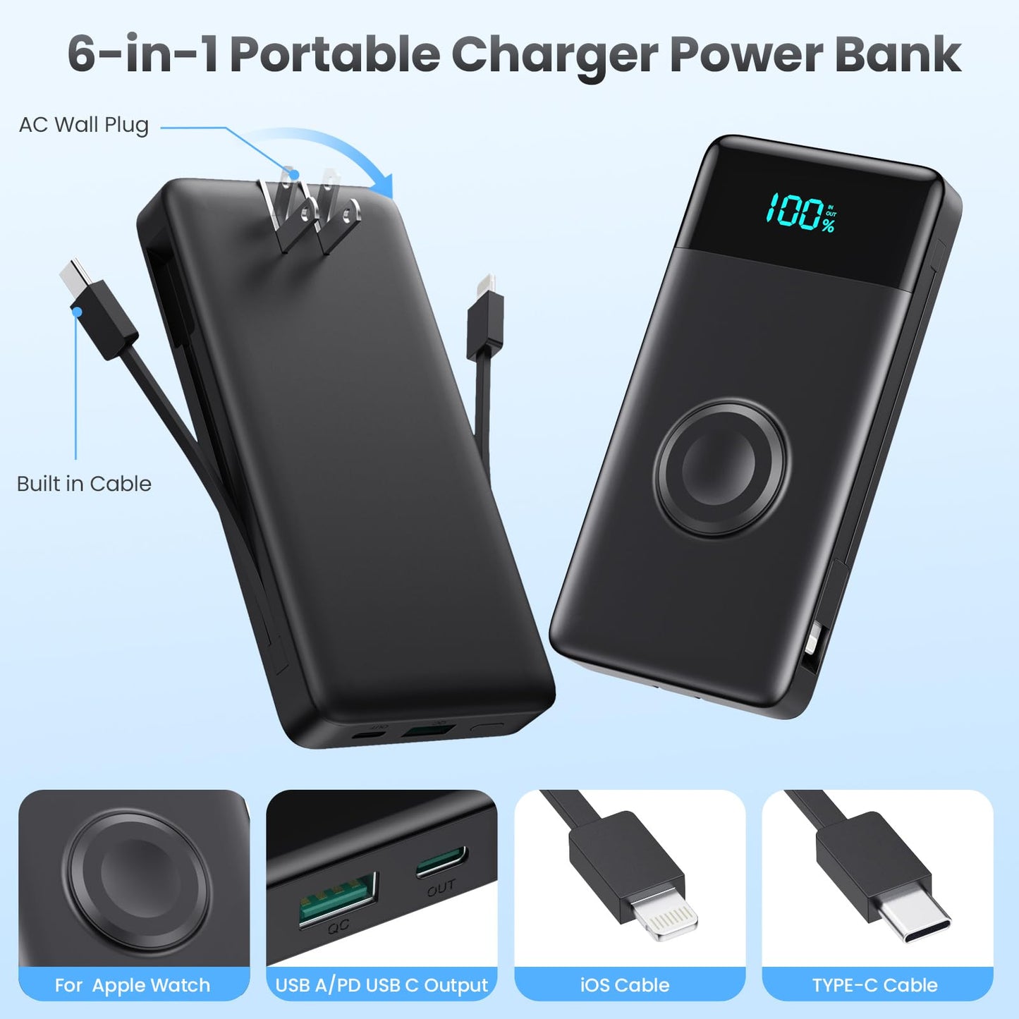 Portable Charger for iPhone with Built in Cables and Wall Plug,Upgraded 13800mAh Fast Charging USB C Power Bank,4 Outputs Travel Essential Battery Pack Compatible with iPhone 15/14/13,Samsung-Purple