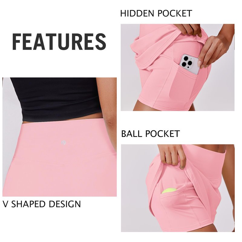 PINSPARK Women Tennis Skirt with Pockets Shorts High Waisted Athletic Golf Skorts Stretchy Workout Sports Skirts, Pink XS
