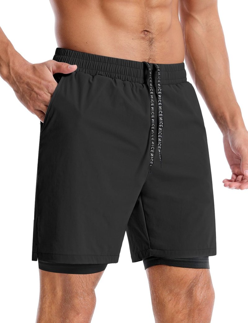Aolesy Men’s 2 in 1 Running Shorts 7 Inch Quick Dry Workout Gym Shorts with Pockets Tennis Training Athletic Shorts with Liner for Men Black