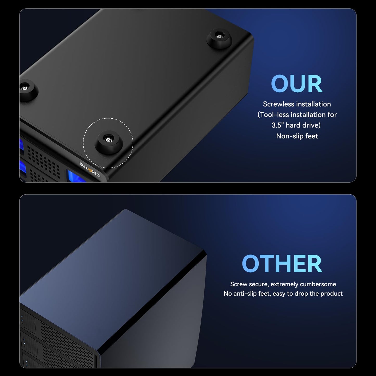 CENMATE Aluminum Dual Bay Hard Drive Enclosure with Cooling Fan for 2.5“/3.5" SATA HDD/SSD with USB A/C 3.0, Support Hot Swappable, Daisy Chain Expansion, Tool-Free HDD Enclosure, DAS(NO RAID/NAS)