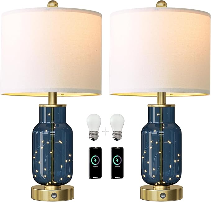 Oneach 22" Glass Table Lamps Set of 2, Blue Modern Bedside Lamp with LED Night Light for Living Room, Nightstand Lamp with USB Ports for Bedrooms, Study Room, End Table(2 Bulbs Included)