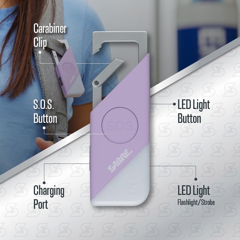 SABRE 2-in-1 Personal Alarm with LED Light & SOS Button, 130dB Siren Heard from 1,800-feet (500-meters), Spring Clip for Easy Carry on Backpacks & Purses, Rechargeable with Charging Cord Included