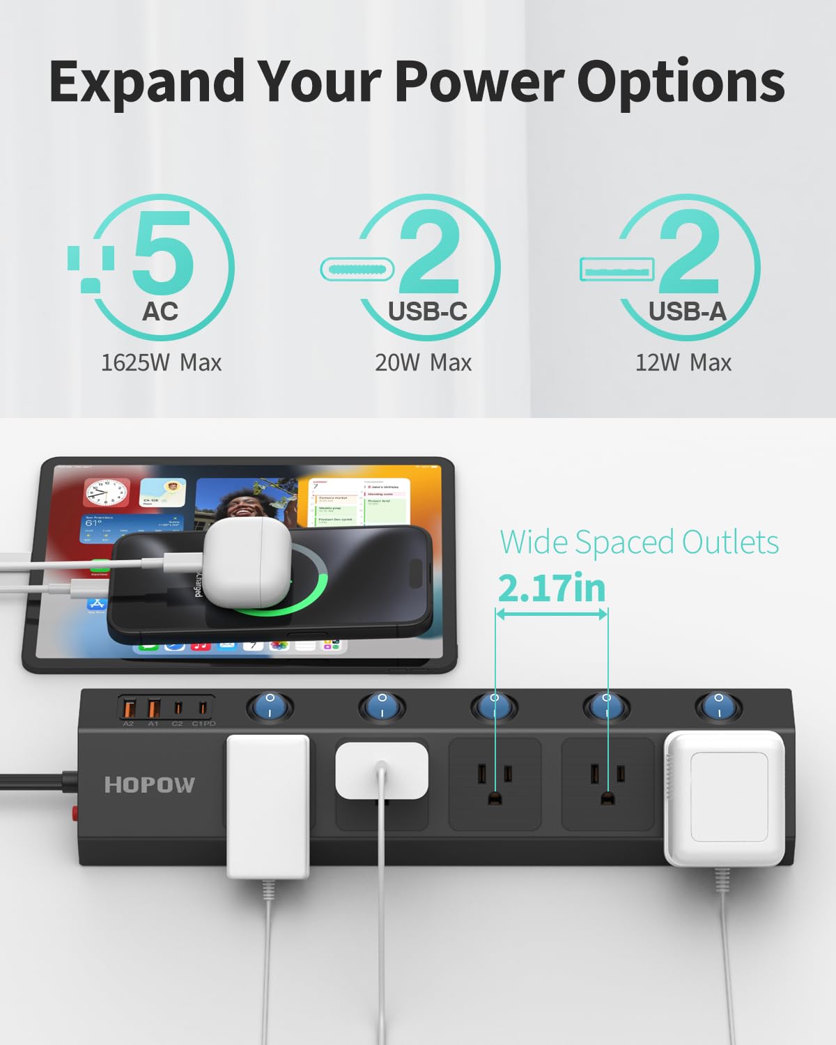 Flat Plug Power Strip with Individual Switches, 10 Ft Ultra Thin Flat Extension Cord, 5-Outlet Surge Protector with 2 USB-C (20W PD) & 2 USB-A, 1700 Joules, Wall Mount for Home Office, Black