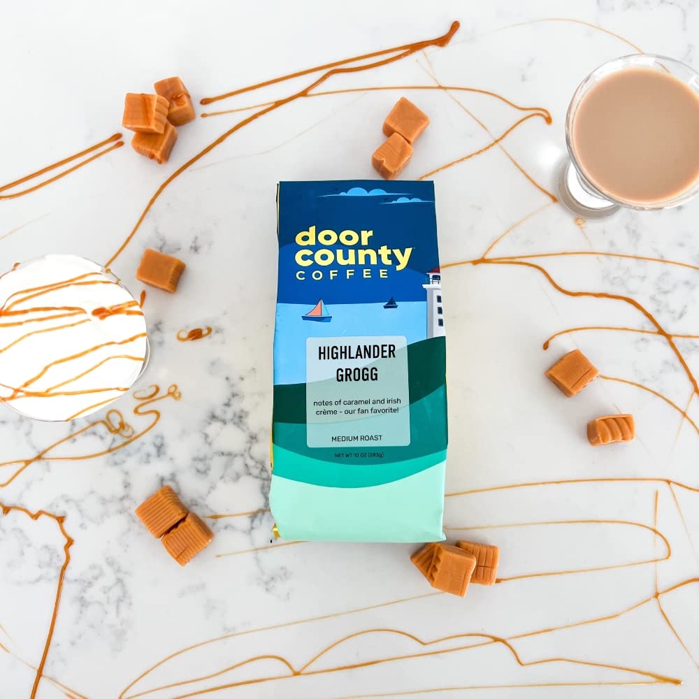 Door County Coffee Highlander Grogg DECAF Flavored Whole Bean - 10 oz Bag - Medium Roast - 100% Specialty Arabica - Flavored Gourmet - Highlander Grogg DECAF