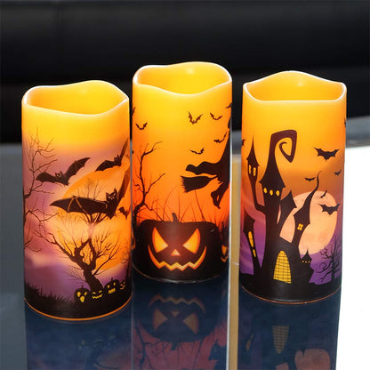 DRomance Flameless Candles Battery Operated with 6 Hour Timer, Halloween Decals Real Wax LED Flickering Pillar Candles Set of 3 Indoor Halloween Window Table Decor(3 x 6 Inches)