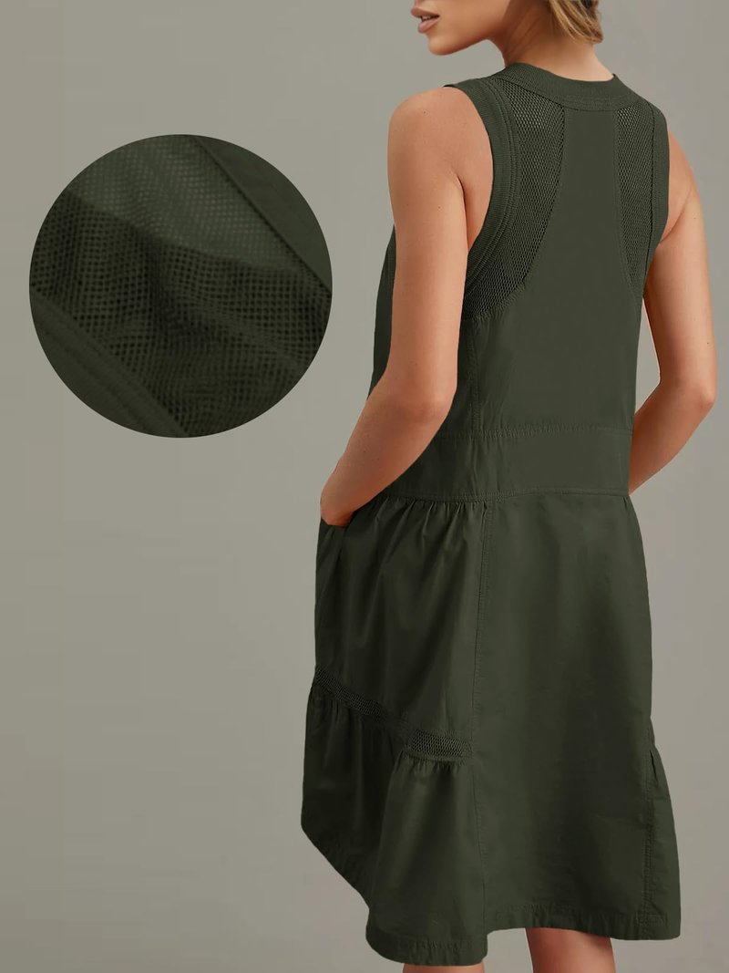 Fisoew Women's Sleeveless Tank Mini Dress Casual Half Zip V Neck Loose Mesh Back Utility Summer Dresses with Pockets Army Green