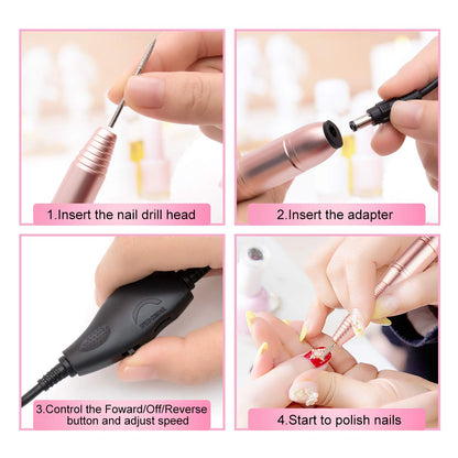 Portable Electric Nail Drill File Machine with Acrylic Nail Kit Set Professional 20000rpm Manicure Pedicure with Sanding Bands Brush for Nail Art Gel Nail Polish Tips Clippers