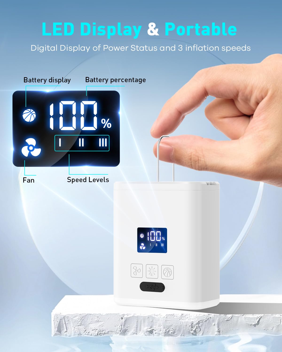 Air Pump for Inflatables Mini Air Mattress Pump Portable Electric Air Pump for Pool Floats,Swimming Rings, Sleeping Pads, Vacuum Storage Bags 5X with 5000mAh Battery & Light, USB Rechargeable