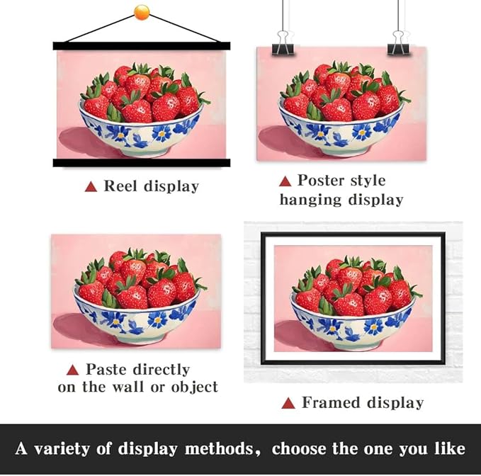 Yesad Strawberry Wall Art Print, Pink Kitchen Wall Décor Fruits Prints Canvas Wall Art Vintage Painting Pictures Modern Wall Décor for Living Room Dining Room Bedroom (Unframed,12”x8”, Strawberry)