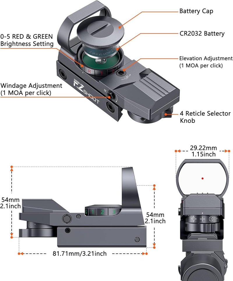 EZshoot Red Green Dot Gun Sight Scope Reflex Sight, 4 Adjustable Reticles Holographic Optic Grey with 20mm Rail Mount
