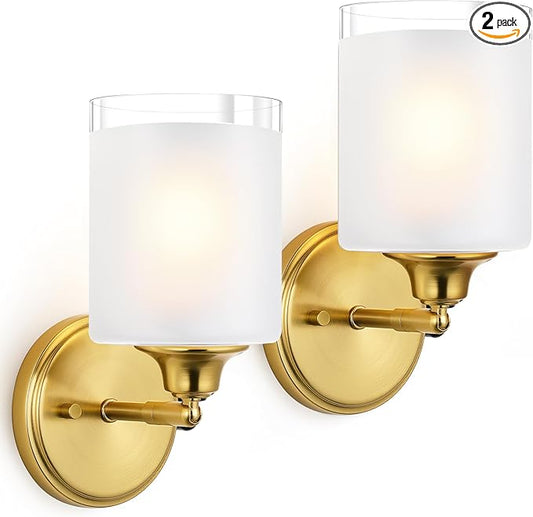 Gold Bathroom Wall Sconces Set of Two, Modern Vanity Light Fixtures with Frosted Glass Shade, Bathroom sconces wall decor set of 2 for Bedroom Living Room Mirror Hallway Kitchen(Bulbs Not Included)
