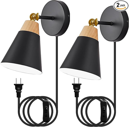 Wall Sconce Set of 2, Wall Sconce with Metal Shade, Plug Switch, Indoor Decor Wall Mount Swing Arm Lamp for Bedroom,Hallway,Living Room,Reading, Black