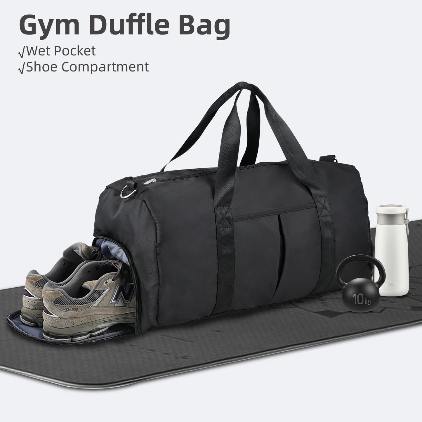 DAYGOS Gym Sports Duffle Bag for Men - Waterproof Travel Duffel Holdall Bag with Wet Pocket and Shoes Compartment, 40L Carry on Overnight Weekend for Women(Black)