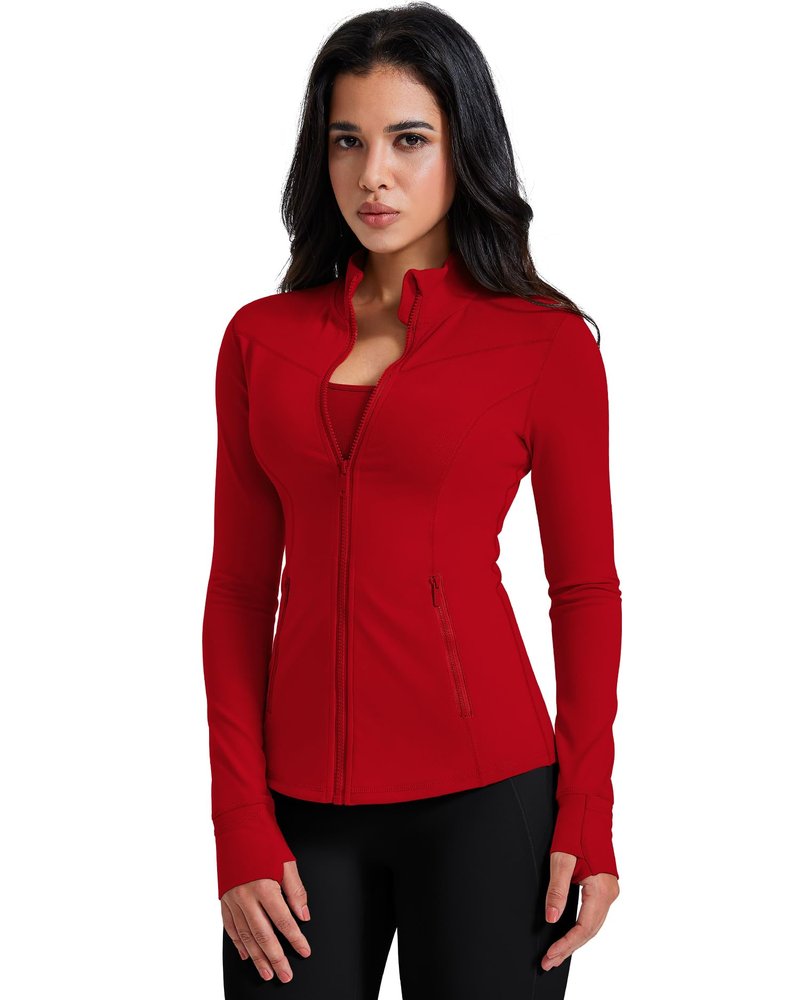 AVGO Running Jackets for Women Long Sleeve Zip Up Track Workout Jacket Cottony Soft Yoga Gym Top with Pockets (Red, Medium)