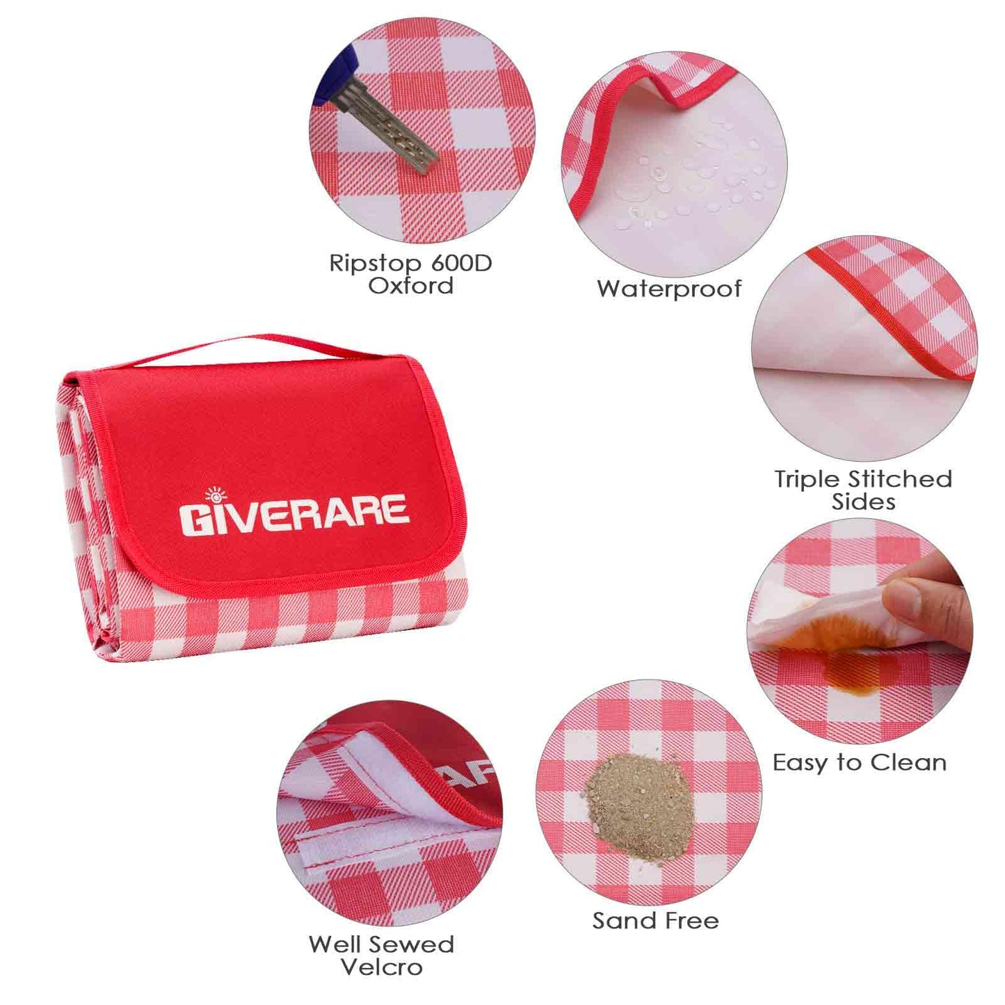 GIVERARE Picnic Beach Blanket Extra Large, XL Sandproof Waterproof Outdoor Camping Blankets 80x60in, Sand Free Oversized Mat, Quick Drying Portable Mats for Travel, Hiking, Music Festival, Lawn-Red
