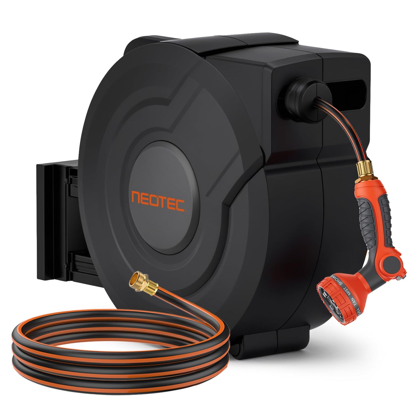 NEOTEC Retractable Garden Hose Reel 5/8 inch x 90ft - Wall Mounted Heavy Duty Hose Reel with 3/4 Inch Brass Fittings & 9-Pattern Nozzle - Auto Rewind System, Any Length Lock, 180° Swivel Bracket