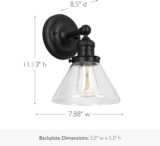 Design House Augustin Wall Sconce, 1-Light, Seeded Glass Warm Glow, Dimmable, Up/Down Glow, Easy Installation, E26 Socket, Black, 7.9 in L x 8.5 in D x 11.1 in H, 589028-BLK