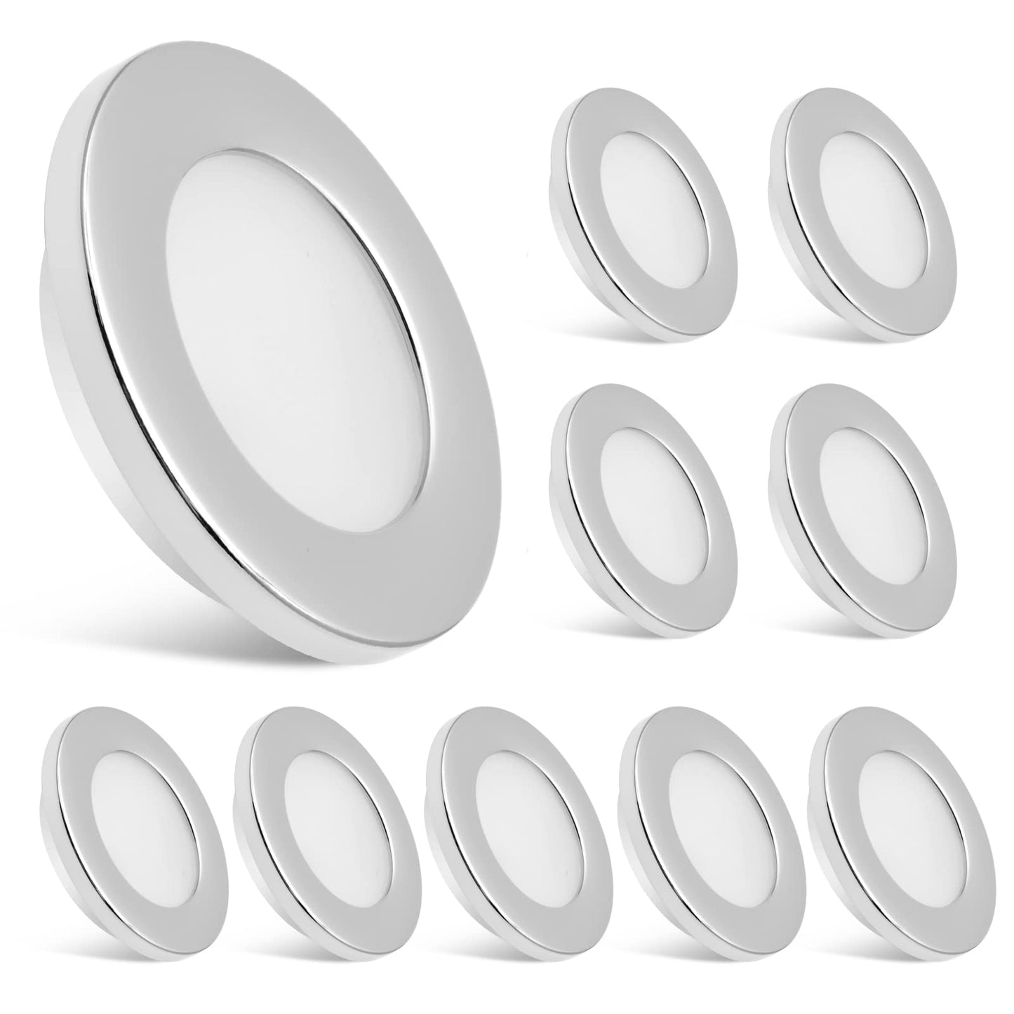 Dream lighting 12V RV Interior LED Puck Lights Recessed Kitchen Ceiling Cabinet Cool White Lighting 2.8inch, Chrome Shell, Pack of 10