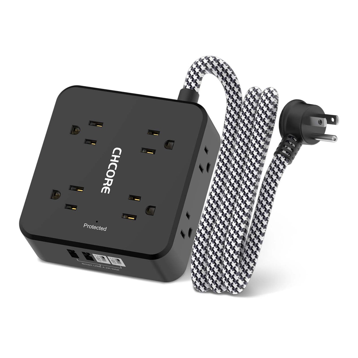 Surge Protector Power Strip - CHCORE 5Ft Braided Extension Cord with 8 Outlets with 4 USB (2 USB C) Charging Ports, Flat Plug Multi Plug Outlet Extender Charging Station for Home Office, ETL, White