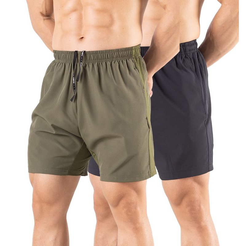 Gaglg Men's 5" Running Shorts 2 Pack Quick Dry Athletic Workout Gym Shorts with Zipper Pockets Black/Green,Small