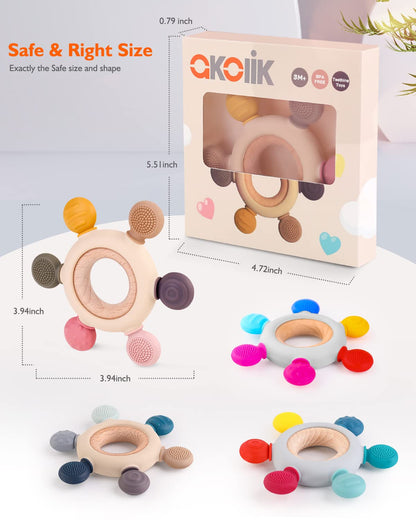 akolik Teething Toys for Babies, Baby Teethers Toy Teething Ring Silicone, Grasping Teething Toy, BPA Free Teething Newborn Accessories for Baby 0 3 6 9 12 18 Months (Pink)