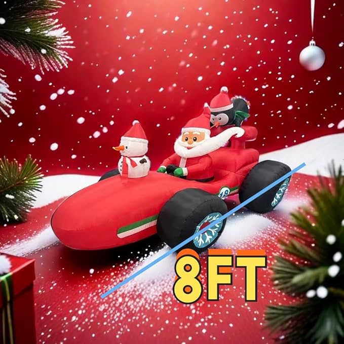 8FT Christmas car Inflatable Old Man, Santa Claus Snowman Penguin Driving Racing car, Built-in LED Lights and Blower, Christmas Inflatable Outdoor Decoration Lawn Patio Christmas Outdoor Decoration.