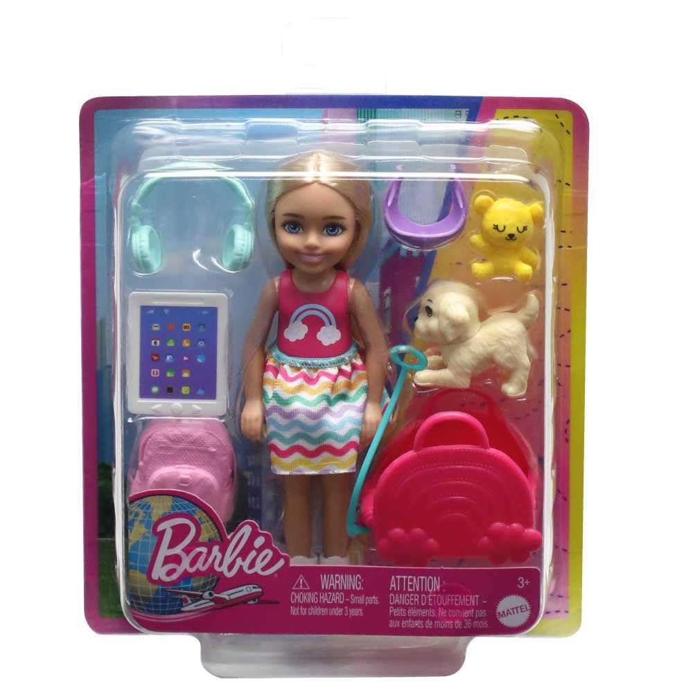 Barbie Chelsea Doll & 6 Accessories, Travel Set with Puppy, Pet Carrier & Backpack that Opens & Closes, Blonde Small Doll