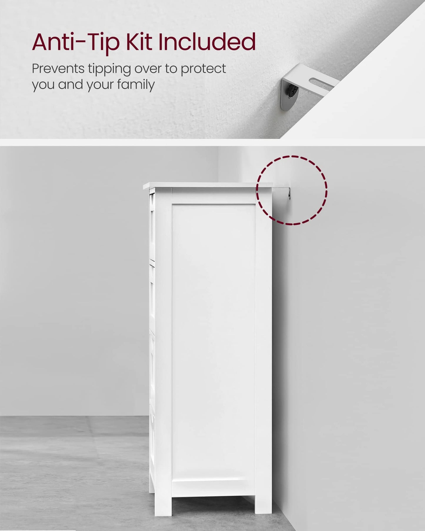 VASAGLE Bathroom Floor Storage Cabinet, Bathroom Storage with 4 Drawers, Bathroom Cabinet Freestanding, 30 x 30 x 82 cm, Modern Style, White LHC40W