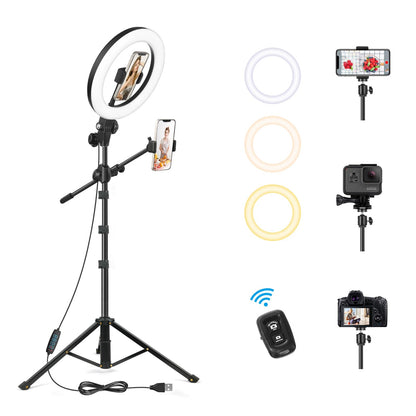 LUXSURE 10.5" Ring Light with Tripod Stand & Phone Holder, Overhead Phone Mount with 2 Shooting Positions, Tripod for iPhone with Ring Light for Video Recording/Live Streaming/Cooking
