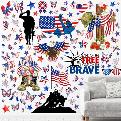 ReliThick 4th of July Wall Stickers Memorial Day Wall Decals Land of The Free Window Clings American Flag Military Soldier Boots Stickers Decor for Independence Day Party Home Office School Decor