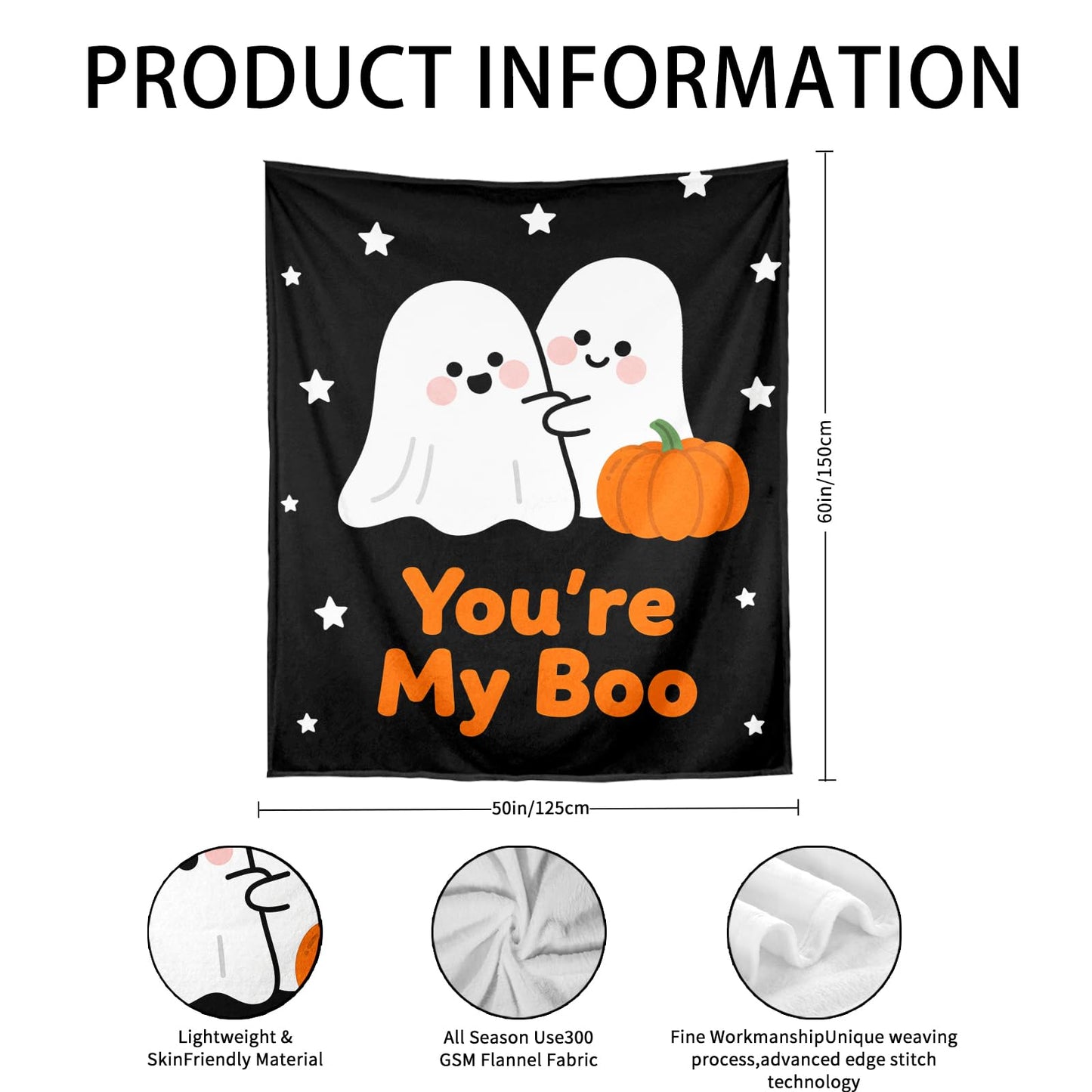Halloween Throw Blanket for Women Men, Halloween Fall Throw Blanket, for Boyfriend Girlfriend, Boo Basket Stuffers for Women Men Adults, Flannel You're My Boo Blanket 50"x60"