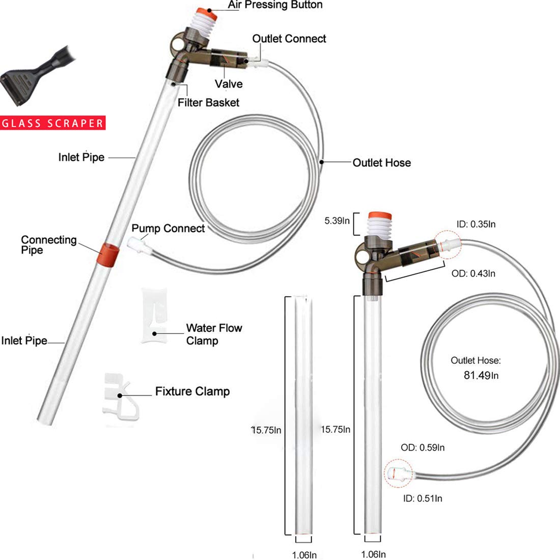 5 in1 Aquarium Gravel Cleaner Water Changer Glass Scraper Fish Tank Sand Wash Pump Kit with Air-Pressing Button and Adjustable Water Flow Controller Clamp for Fish Tank Gravel-Cleaning