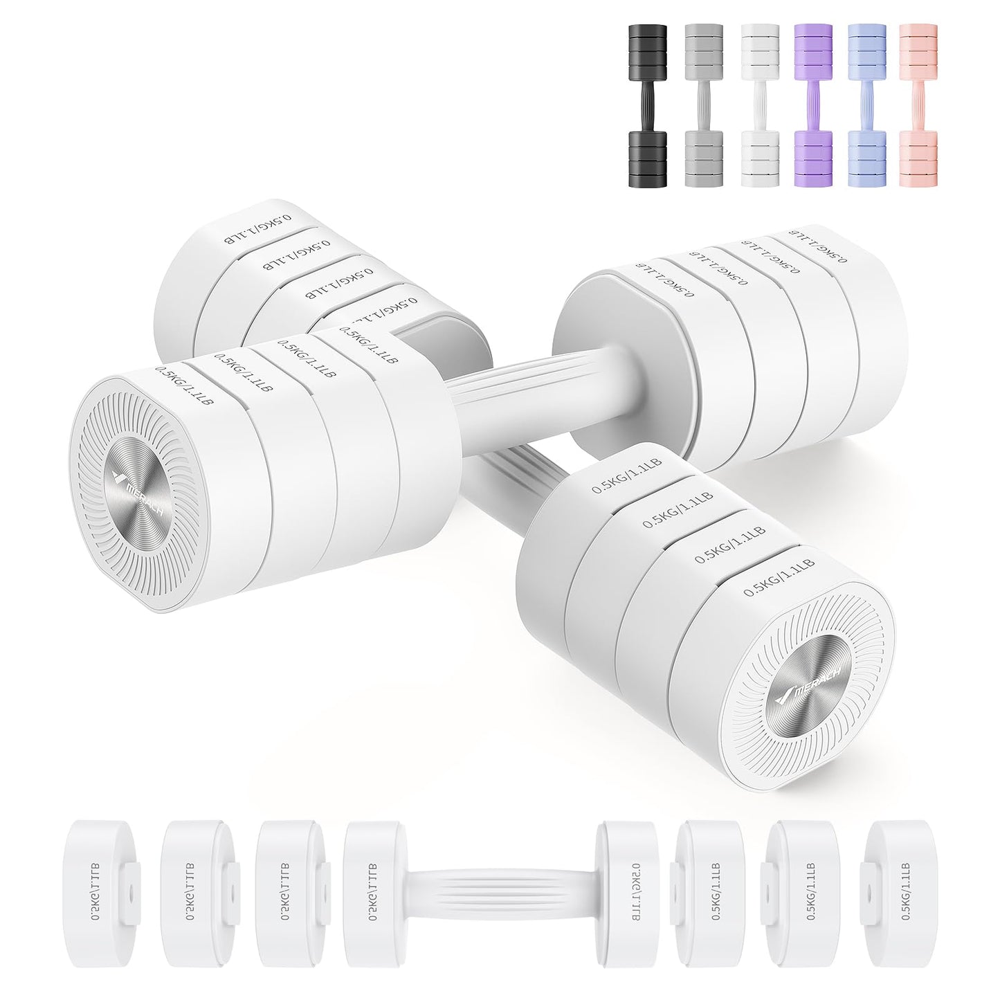 MERACH Dumbbell Set of 2, Adjustable Weight, Anti-slip Handle, Macaron Colors, Each 2.2/4.4/6.6/8.8 lbs, 4 in 1 Hand Weights for Women at Home
