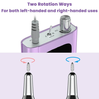Delanie Professional Nail Drill High Torque 35000 RPM Rechargeable Portable Electric Nail File Filer for Acrylic Gel with Cuticle Bits, Salon Manicure Tool, Purple